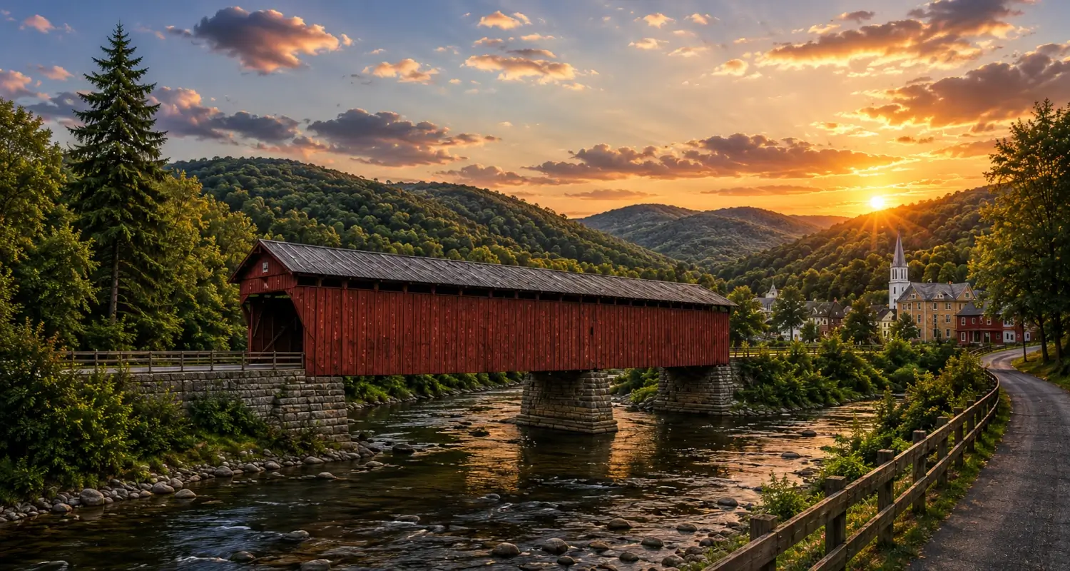 Harlan's Creek covered bridge at sunset, Millbrook Road